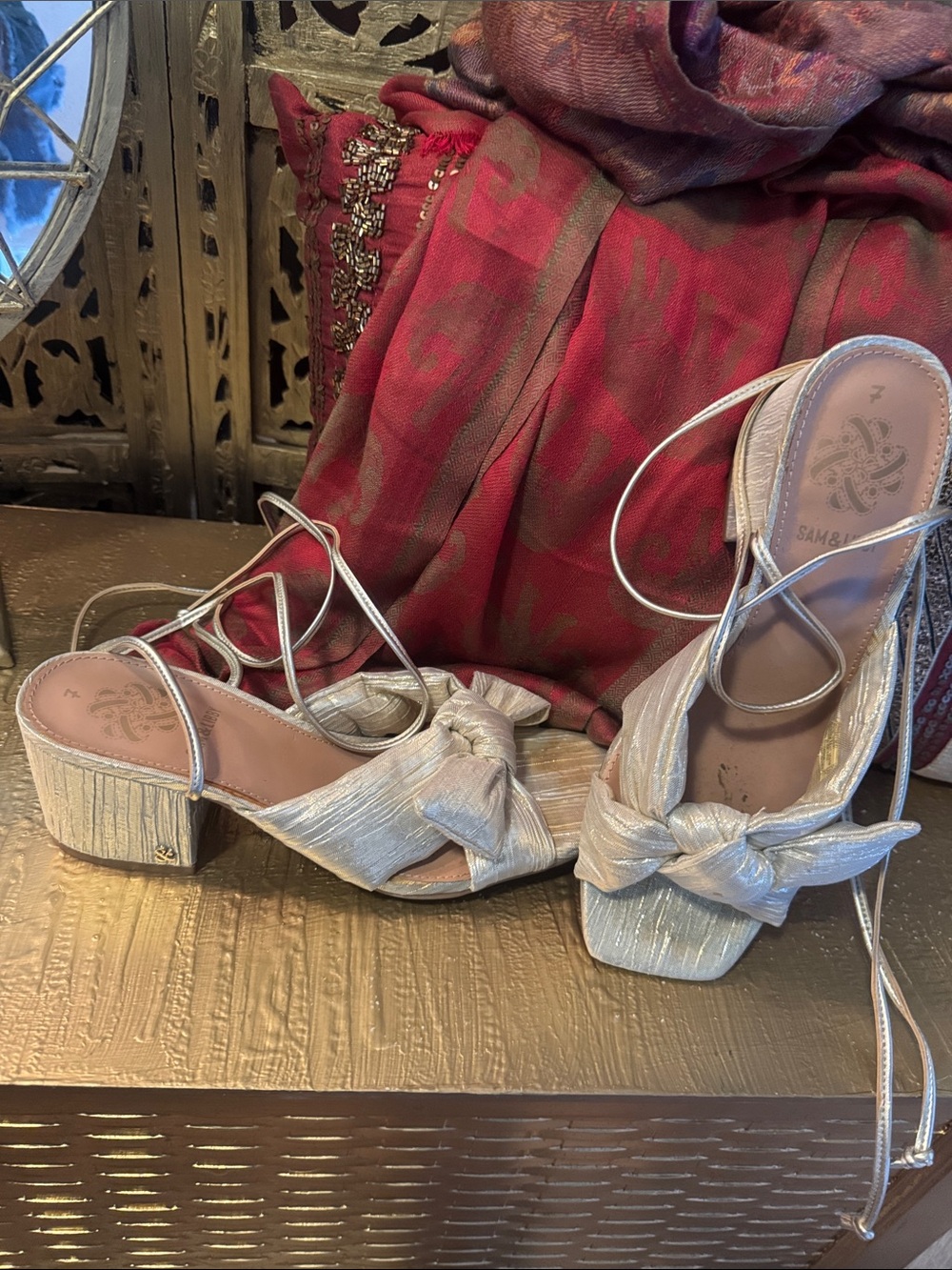 Sam & Libby shimmery goldKnot-Front Block Heel Sandals straps around ankle OFFER
